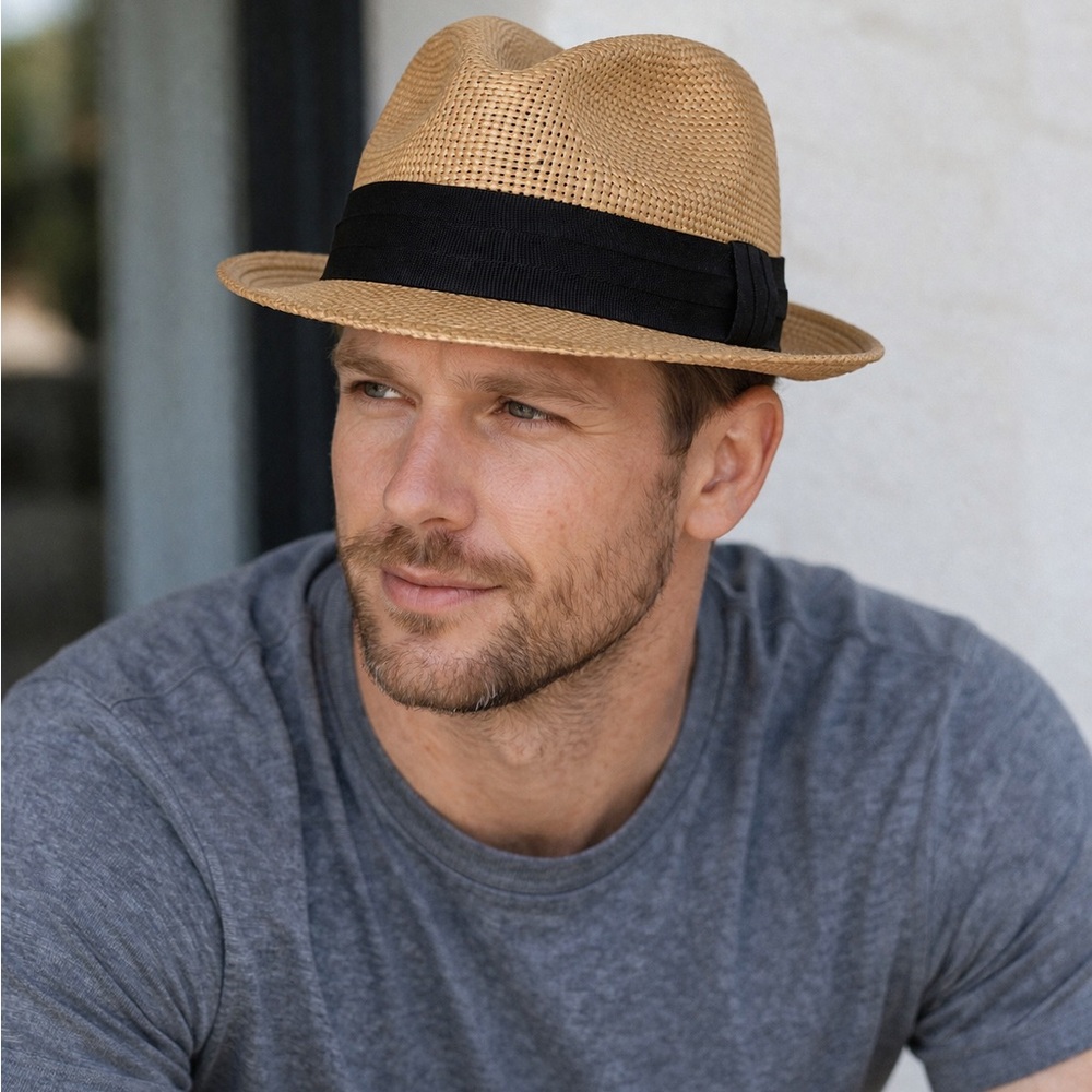 Freestyle Tan Straw Fedora with Black Band